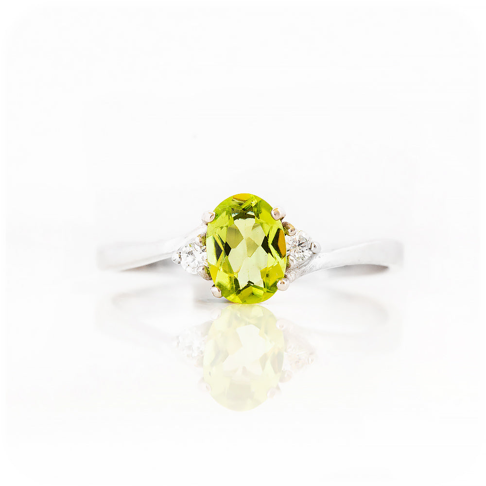 Oval cut Peridot and Lab Diamond Trilogy Engagement Ring in White Gold - Victoria's Jewellery