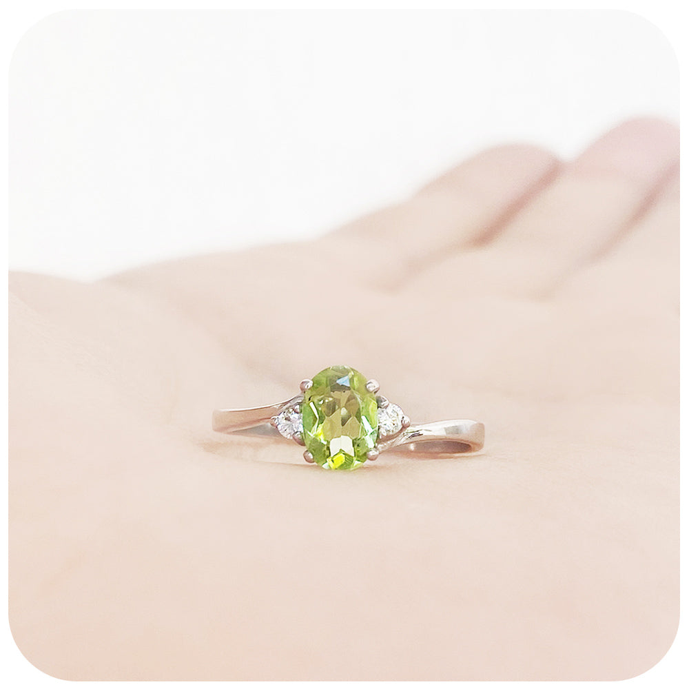 Oval cut Peridot and Lab Diamond Trilogy Engagement Ring in White Gold - Victoria's Jewellery