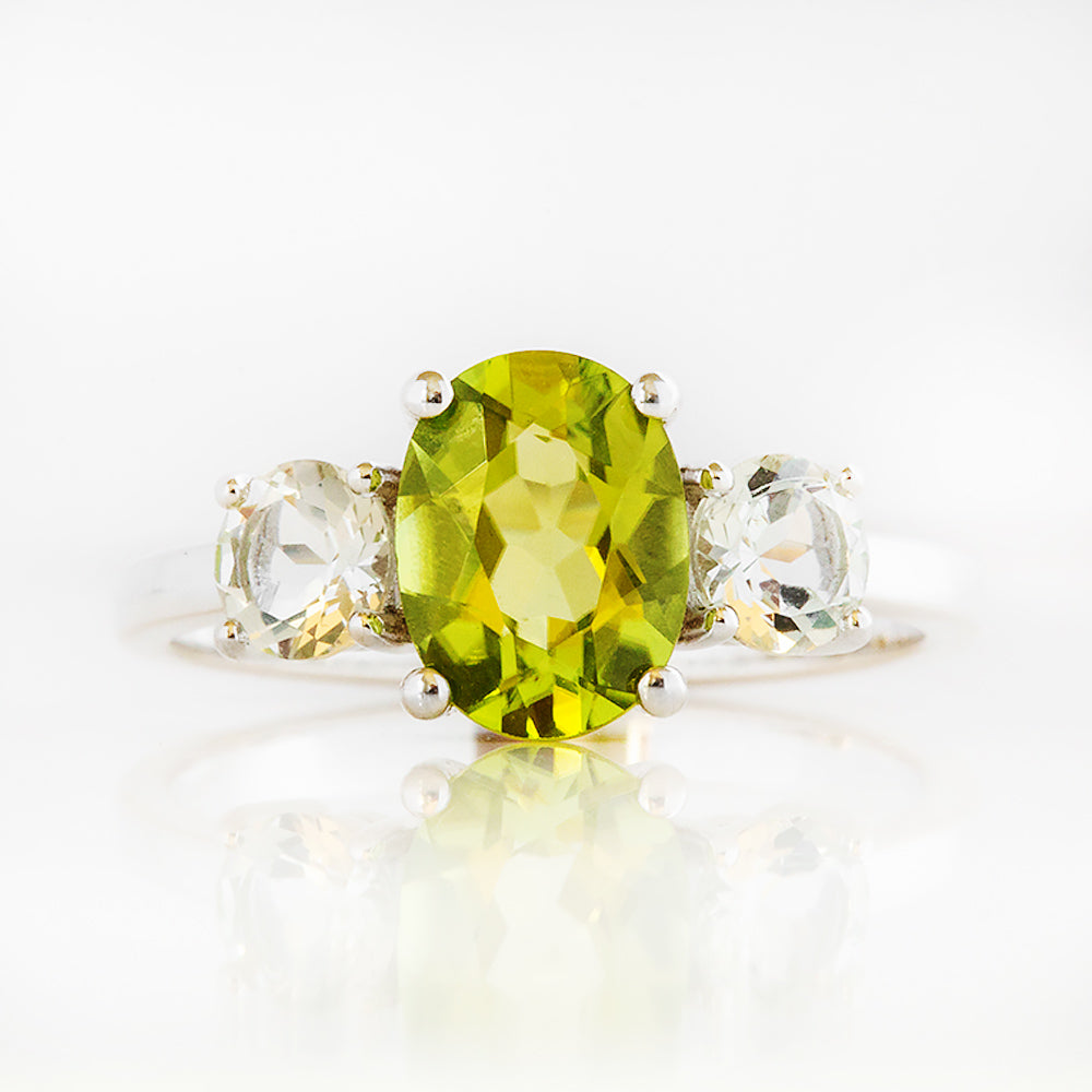 Lucy, a Peridot and Prasiolite Trilogy Ring