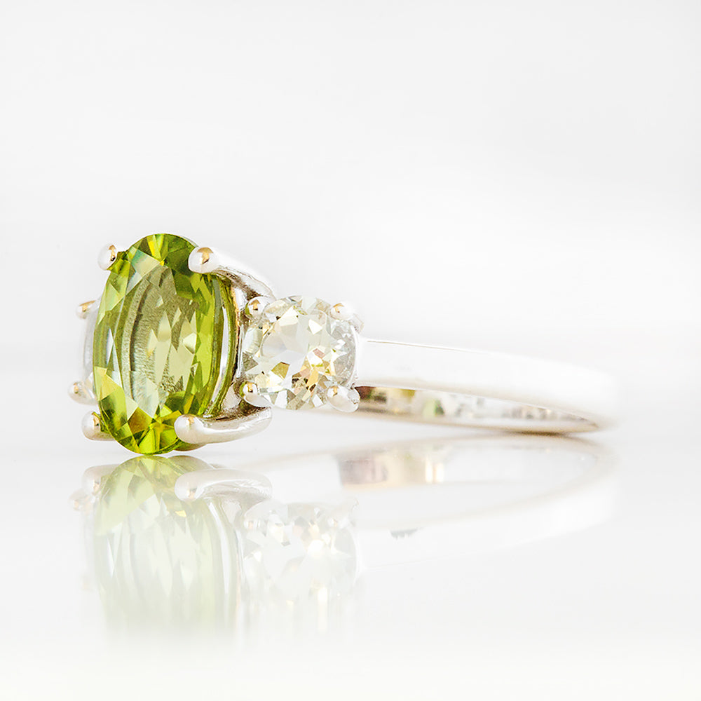 Lucy, a Peridot and Prasiolite Trilogy Ring