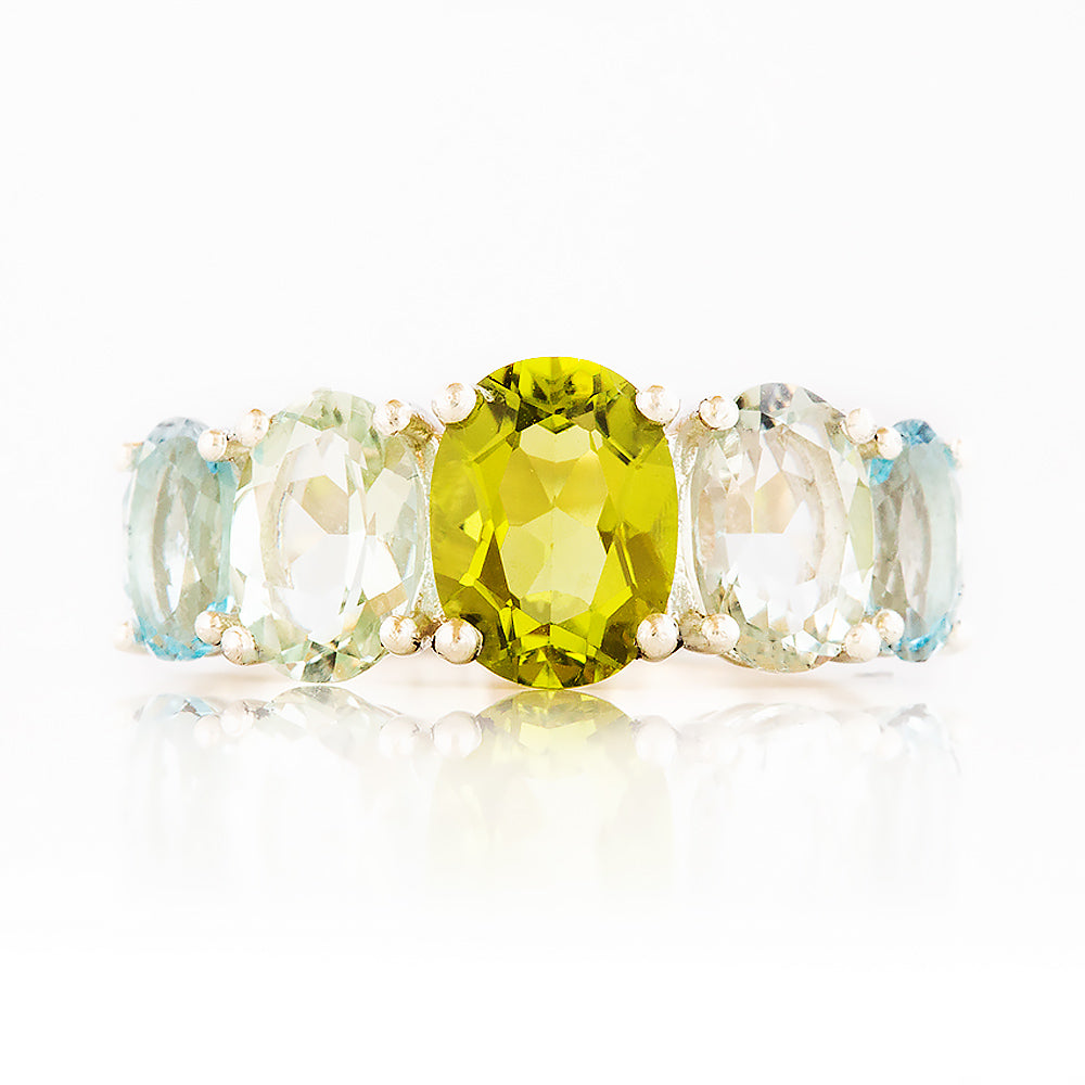 Oval cut Peridot, Prasiolite and Sky Blue Topaz half eternity Anniversary Ring - Victoria's Jewellery