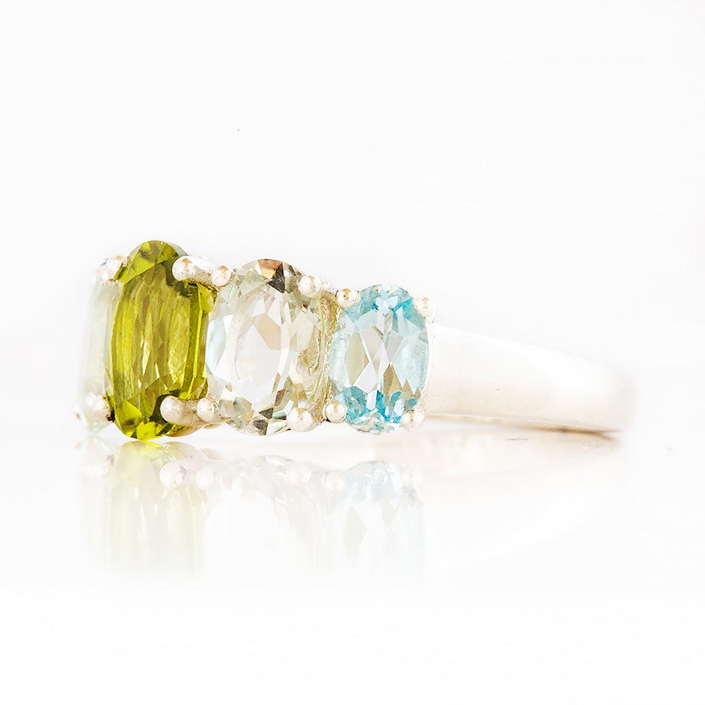 Oval cut Peridot, Prasiolite and Sky Blue Topaz half eternity Anniversary Ring - Victoria's Jewellery