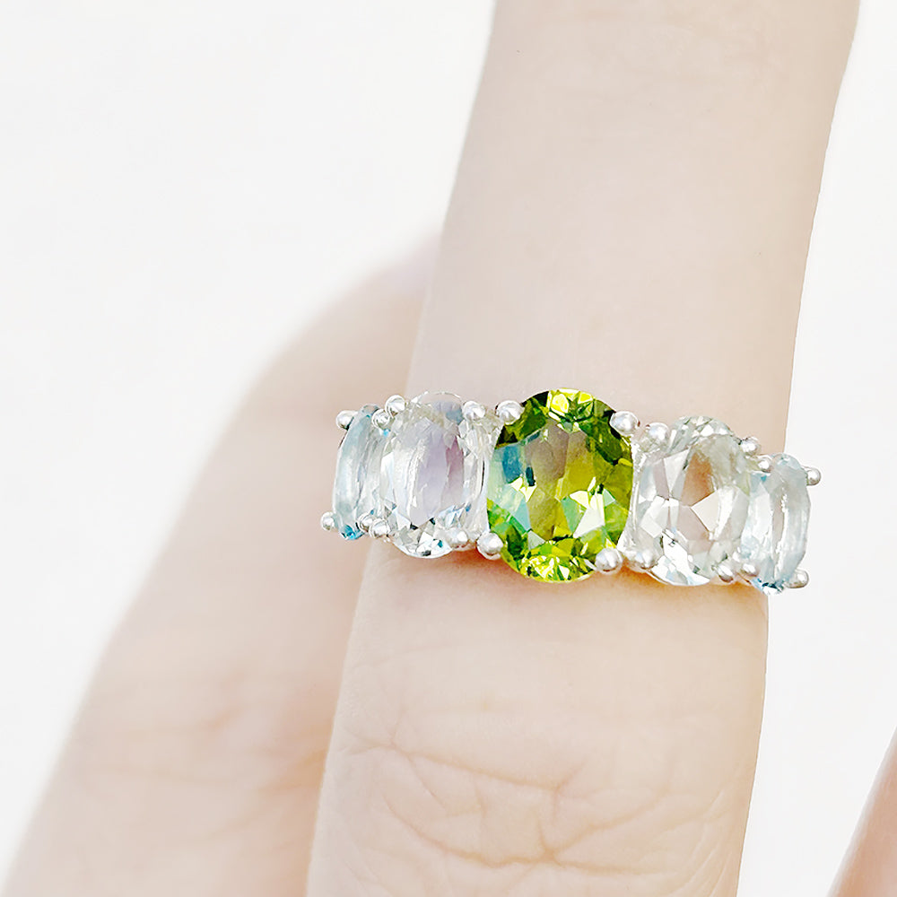 Oval cut Peridot, Prasiolite and Sky Blue Topaz half eternity Anniversary Ring - Victoria's Jewellery