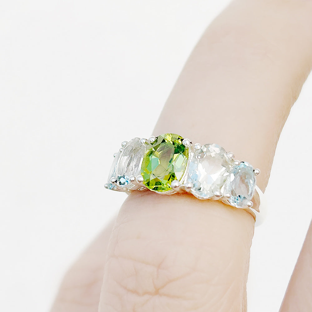 Oval cut Peridot, Prasiolite and Sky Blue Topaz half eternity Anniversary Ring - Victoria's Jewellery