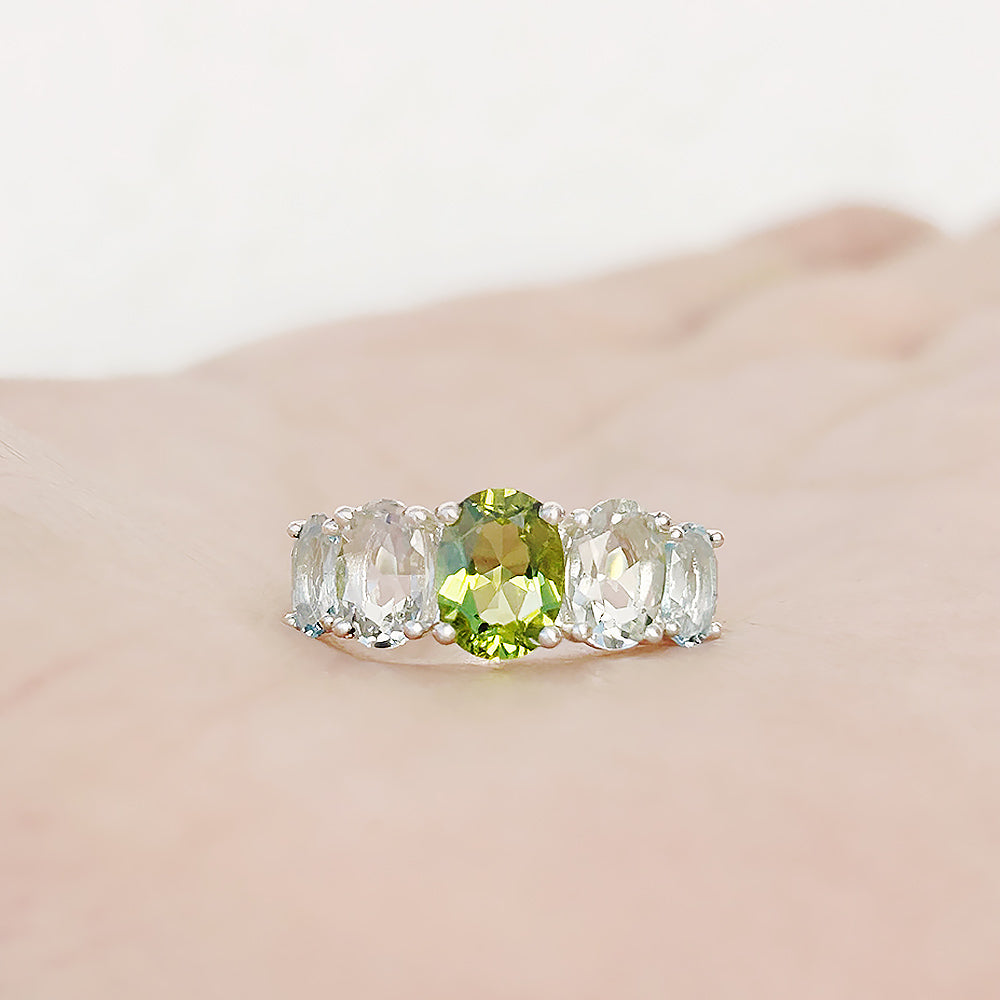Oval cut Peridot, Prasiolite and Sky Blue Topaz half eternity Anniversary Ring - Victoria's Jewellery