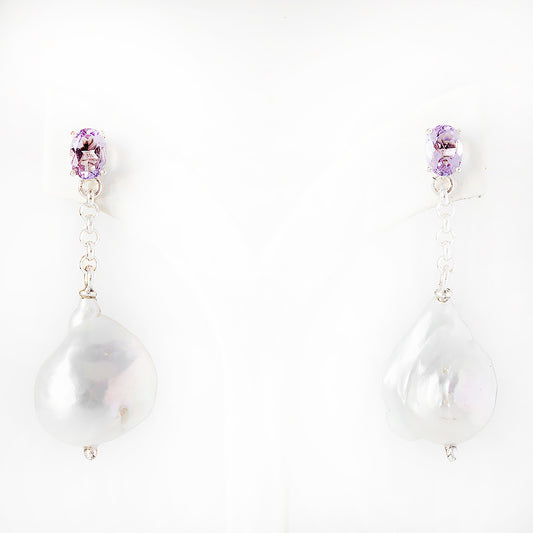 Pink Amethyst and Pearl Drop Earrings