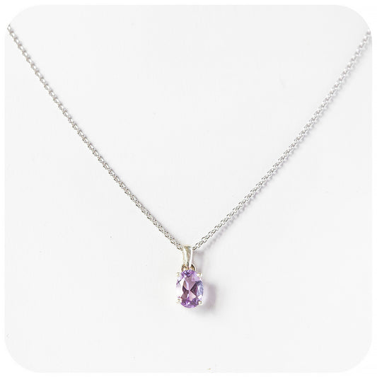 oval cut pink amethyst, february birthstone pendant and chain