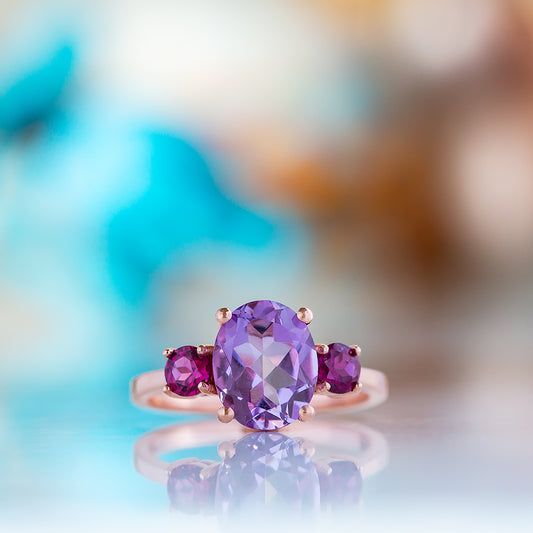 Hallie, a Pink Amethyst and Rhodolite Trilogy Ring