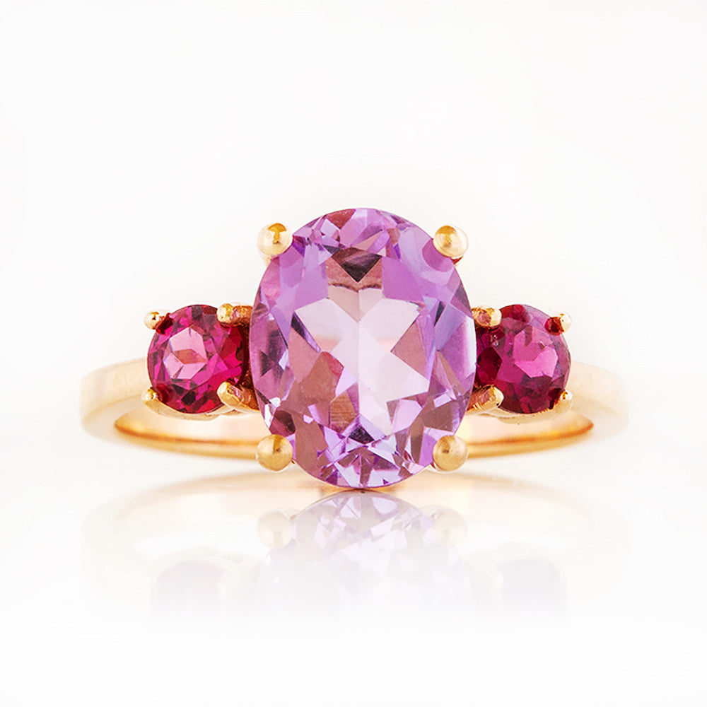 Hallie, a Pink Amethyst and Rhodolite Trilogy Ring