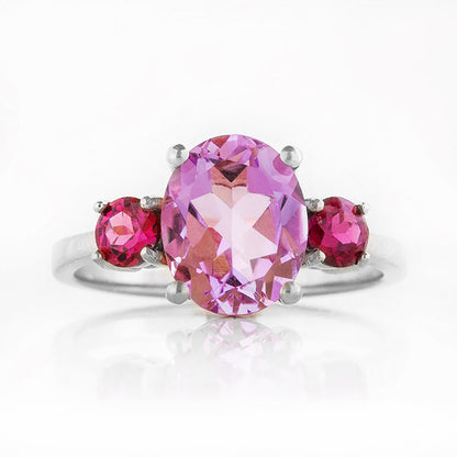 Hallie, a Pink Amethyst and Rhodolite Trilogy Ring