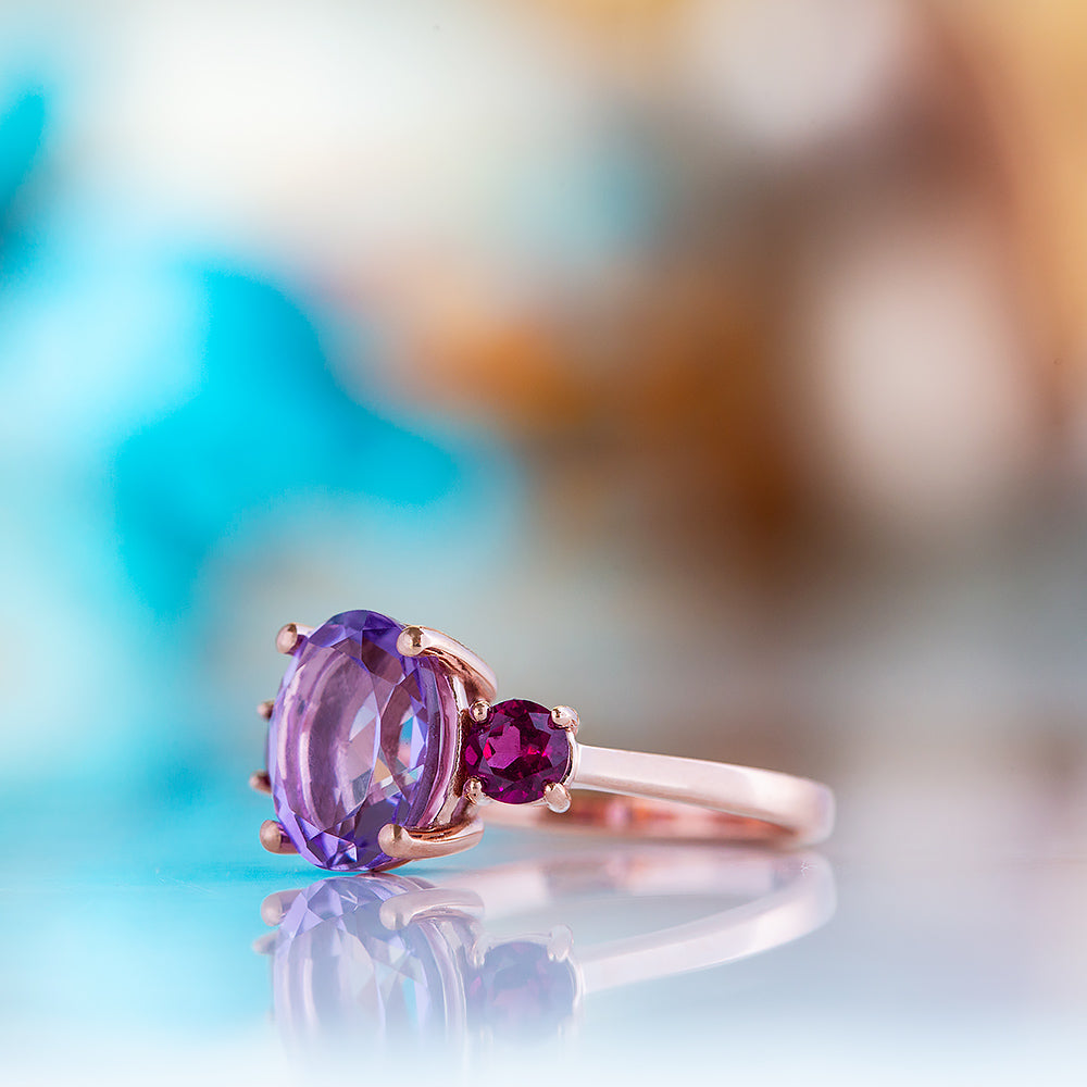 Hallie, a Pink Amethyst and Rhodolite Trilogy Ring