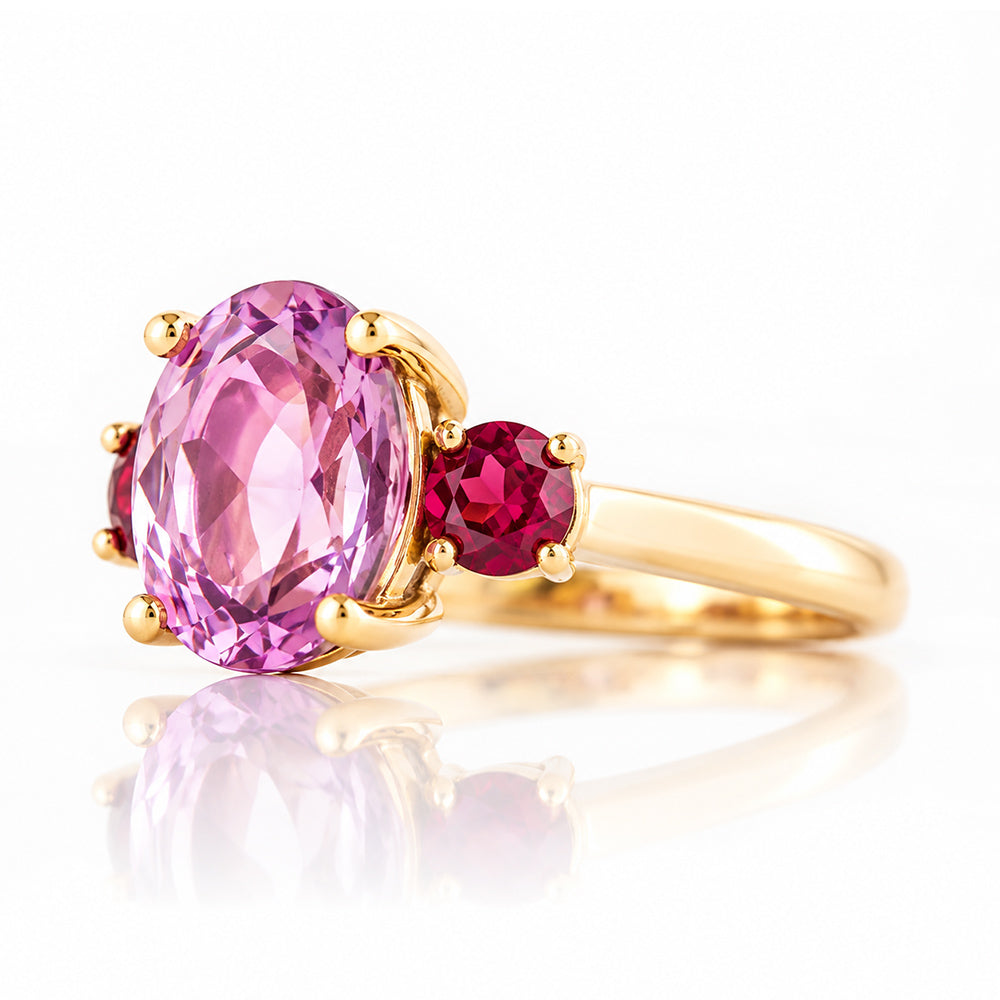 Hallie, a Pink Amethyst and Rhodolite Trilogy Ring - Victoria's Jewellery