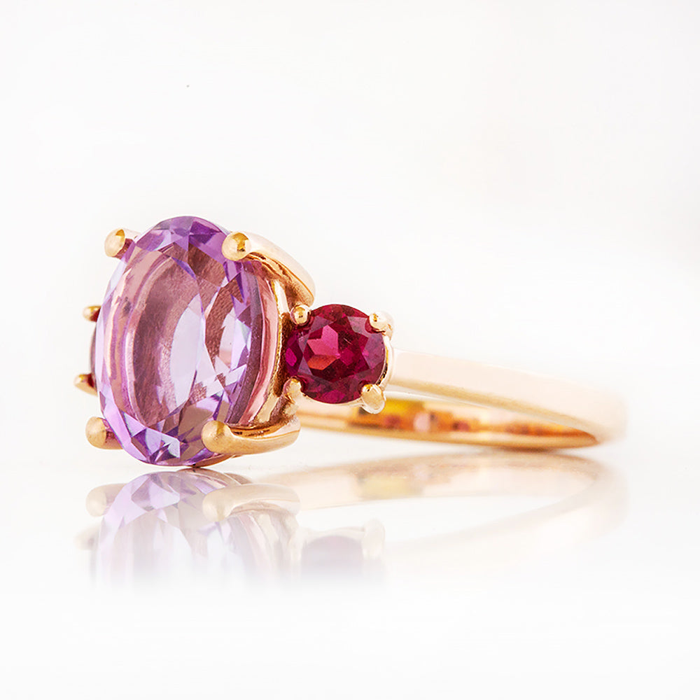 Hallie, a Pink Amethyst and Rhodolite Trilogy Ring