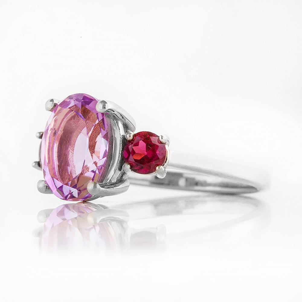 Hallie, a Pink Amethyst and Rhodolite Trilogy Ring