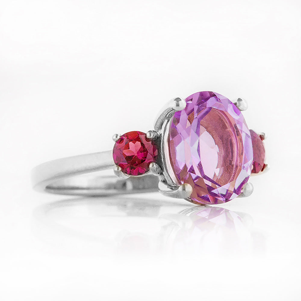 Hallie, a Pink Amethyst and Rhodolite Trilogy Ring