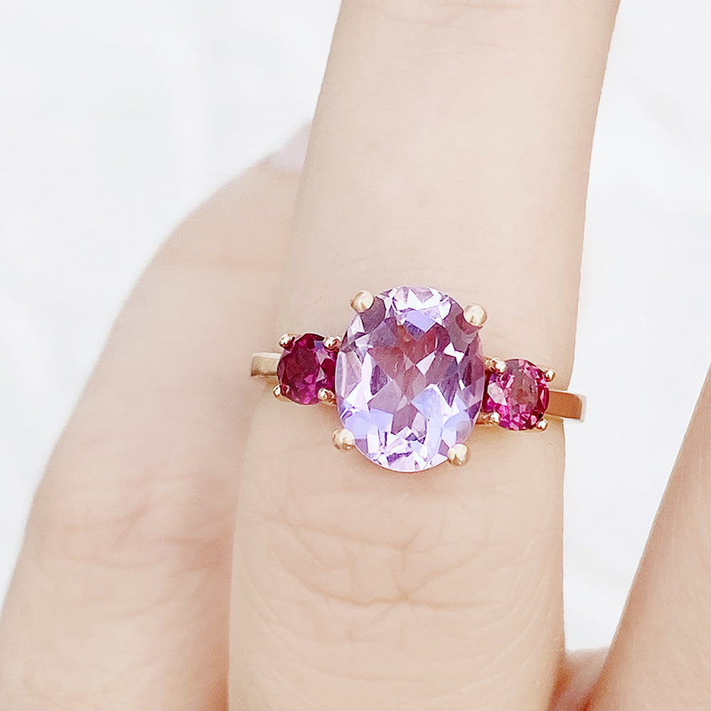 Hallie, a Pink Amethyst and Rhodolite Trilogy Ring