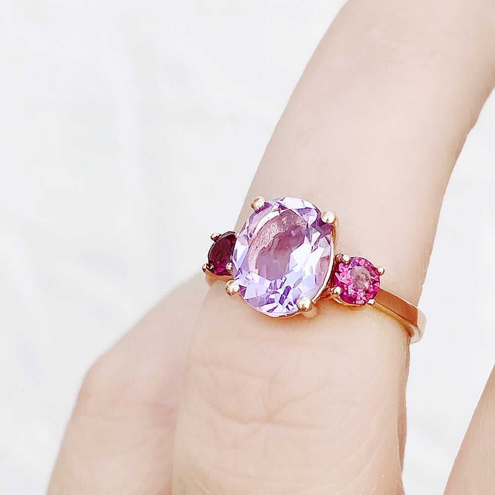 Hallie, a Pink Amethyst and Rhodolite Trilogy Ring