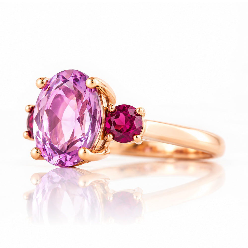 Hallie, a Pink Amethyst and Rhodolite Trilogy Ring - Victoria's Jewellery