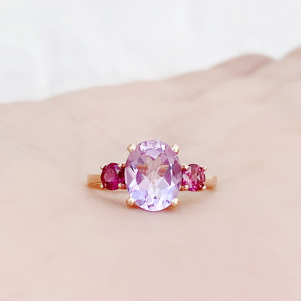 Hallie, a Pink Amethyst and Rhodolite Trilogy Ring