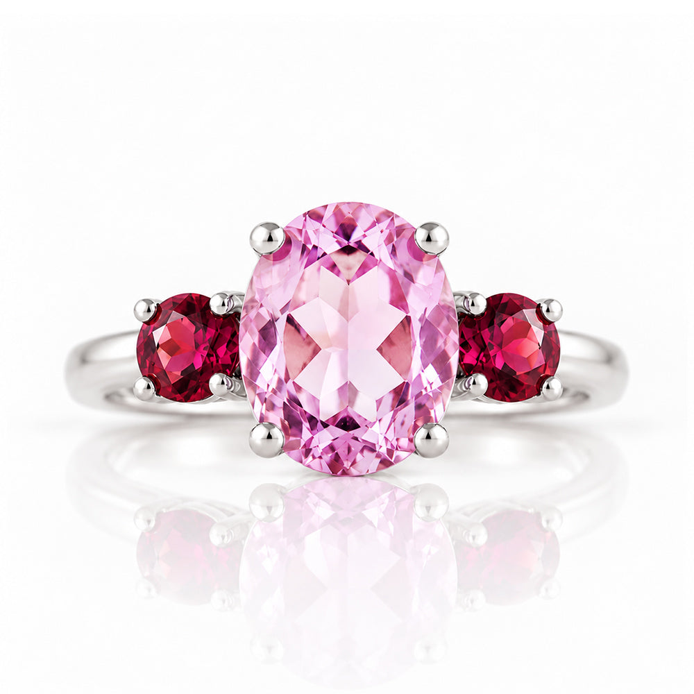 Hallie, a Pink Amethyst and Rhodolite Trilogy Ring - Victoria's Jewellery