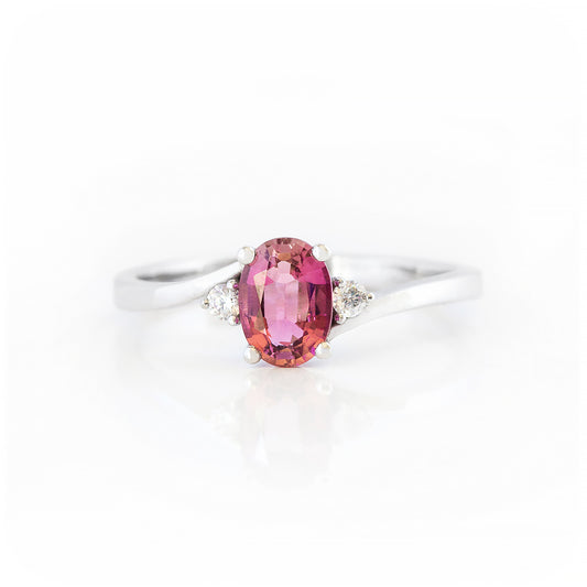 Oval cut Pink Tourmaline and Lab Diamond Trilogy Engagement Ring in White Gold - Victoria's Jewellery