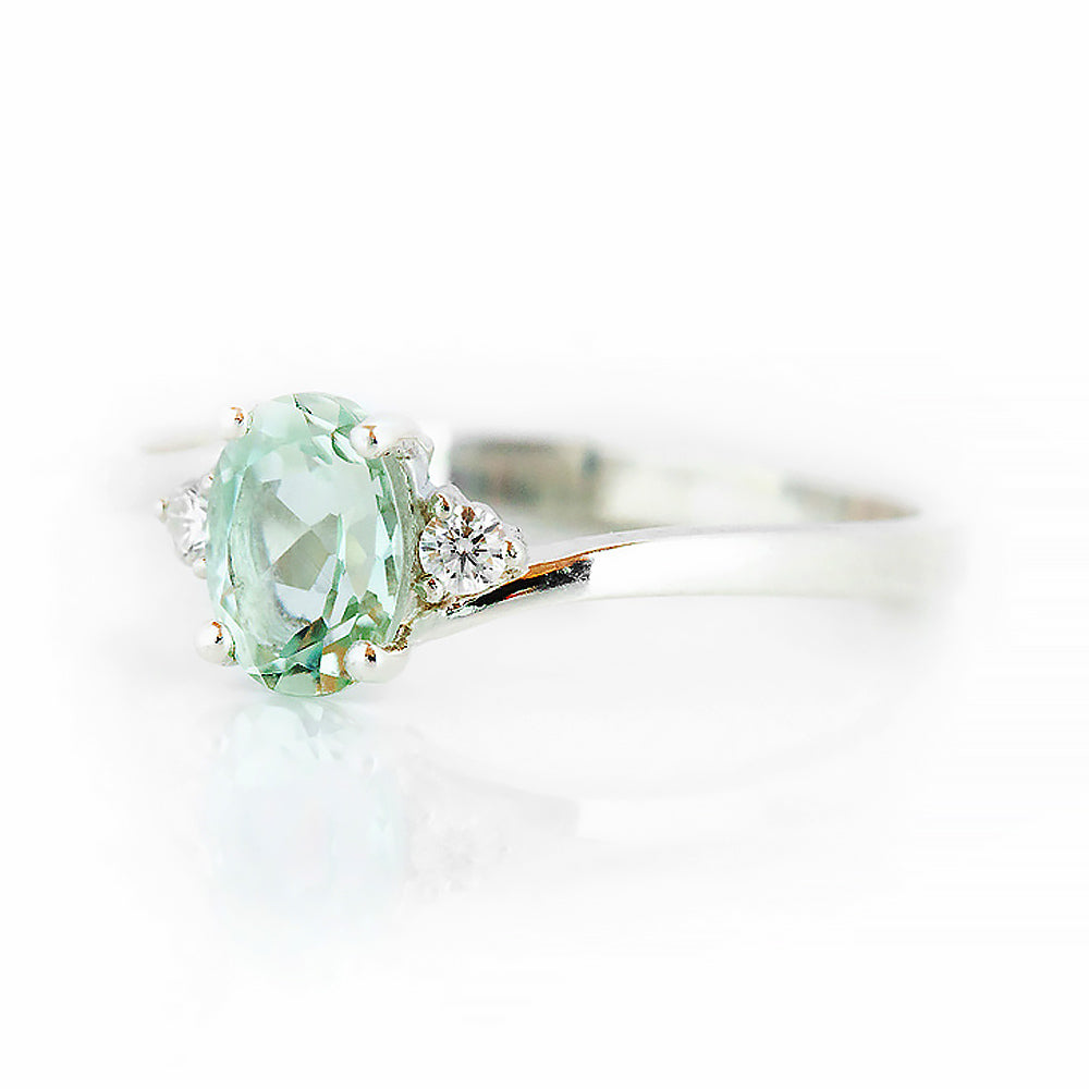 Oval cut Prasiolite and Lab Diamond Trilogy Engagement Ring in White Gold - Victoria's Jewellery