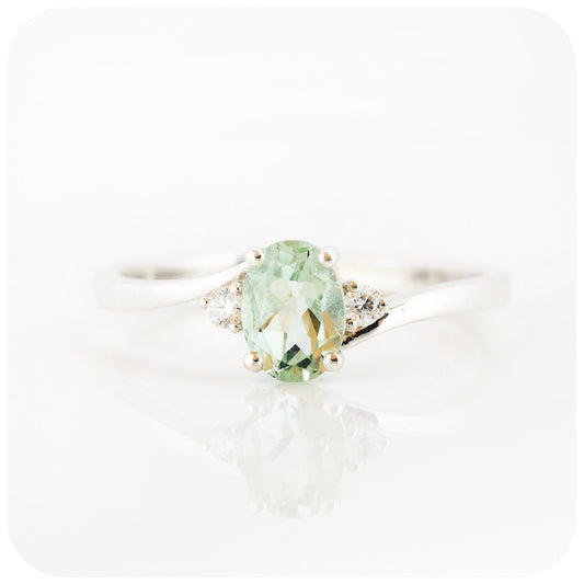 Oval cut Minty Prasiolite and Moissanite Engagement Ring - Victoria's Jewellery