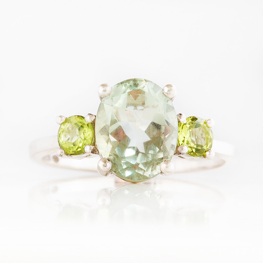 Hallie, an Oval cut Prasiolite and Peridot Trilogy Ring