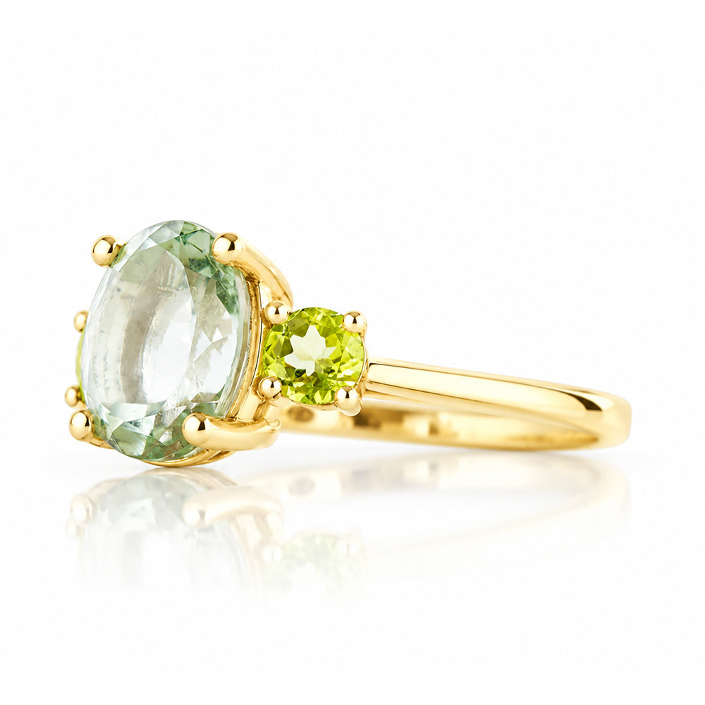 Hallie, an Oval cut Prasiolite and Peridot Trilogy Ring - Victoria's Jewellery