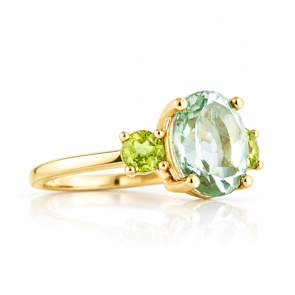 Hallie, an Oval cut Prasiolite and Peridot Trilogy Ring - Victoria's Jewellery