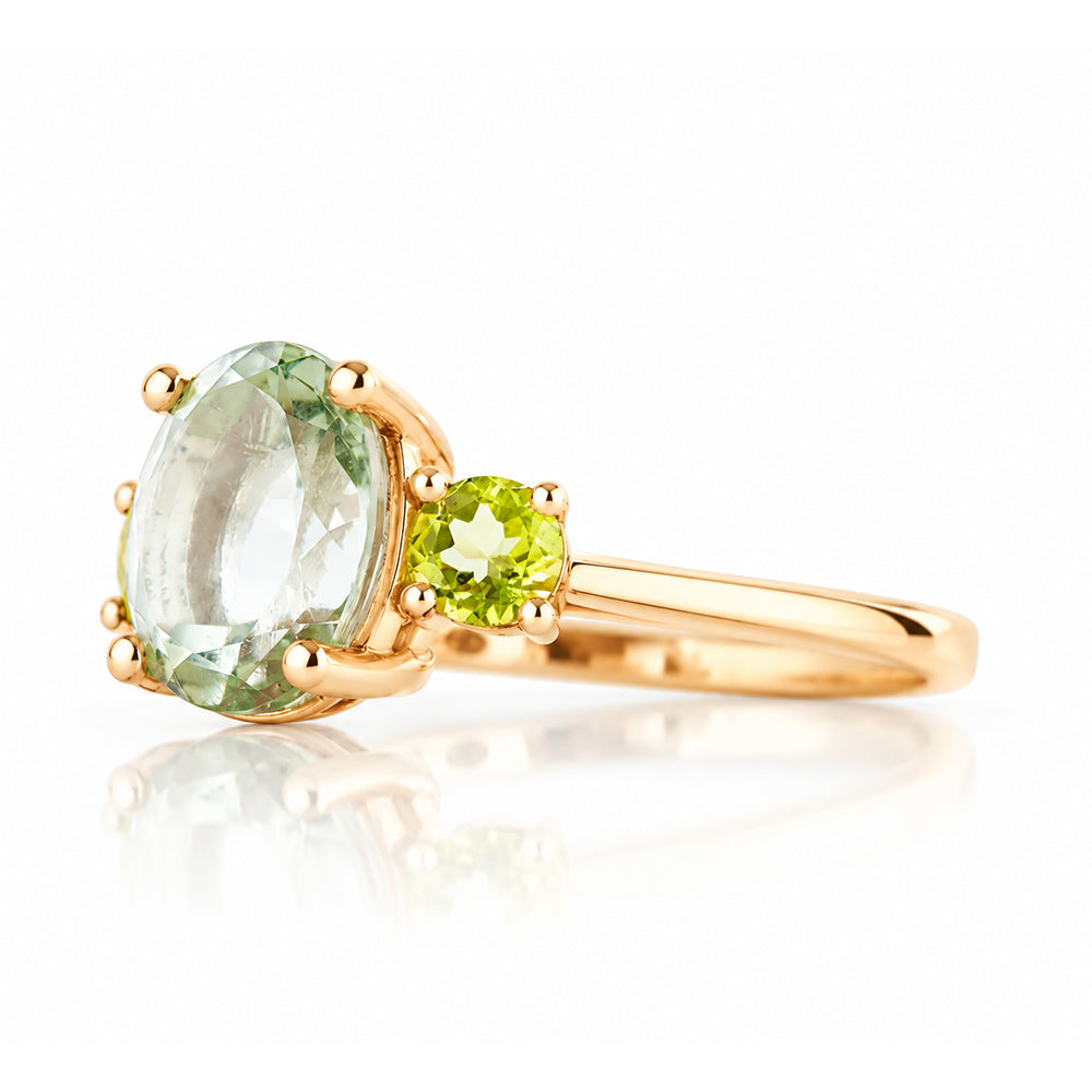 Hallie, an Oval cut Prasiolite and Peridot Trilogy Ring - Victoria's Jewellery