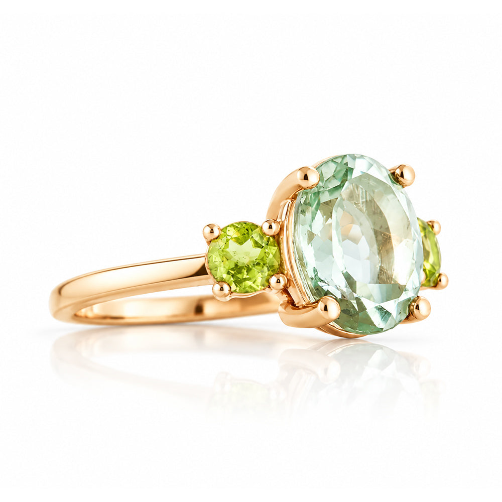 Hallie, an Oval cut Prasiolite and Peridot Trilogy Ring - Victoria's Jewellery