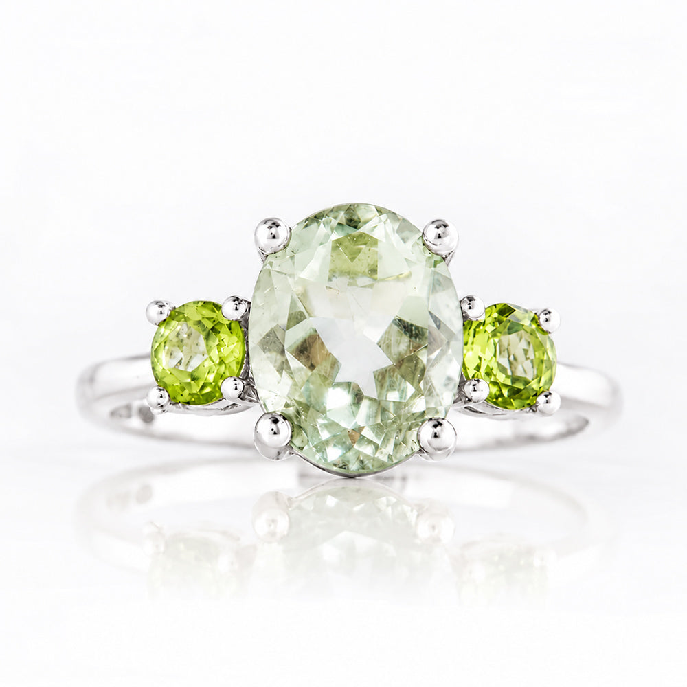 Hallie, an Oval cut Prasiolite and Peridot Trilogy Ring - Victoria's Jewellery