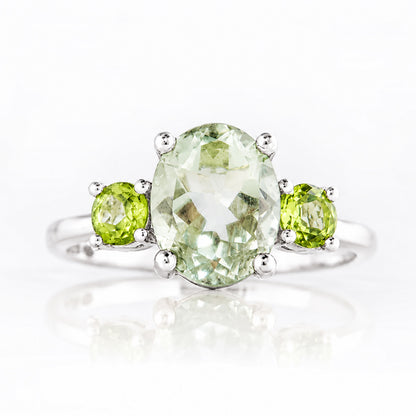 Hallie, an Oval cut Prasiolite and Peridot Trilogy Ring - Victoria's Jewellery