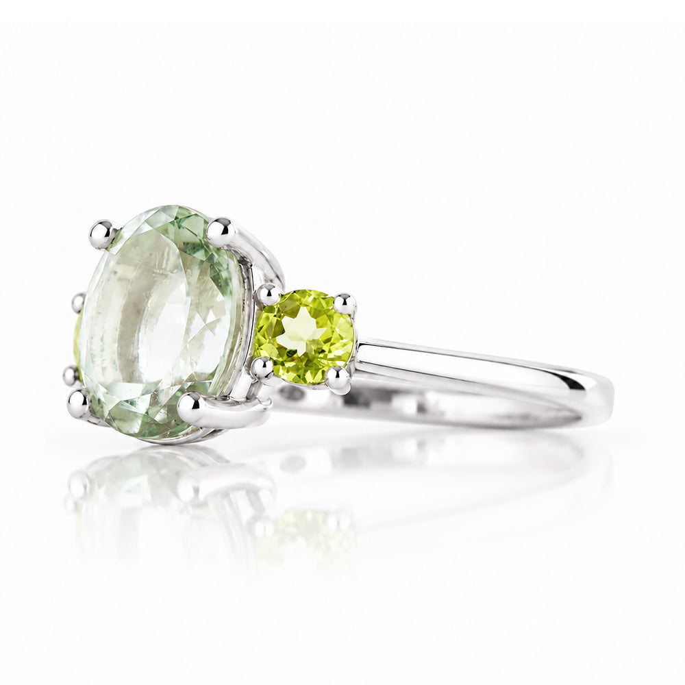 Hallie, an Oval cut Prasiolite and Peridot Trilogy Ring - Victoria's Jewellery
