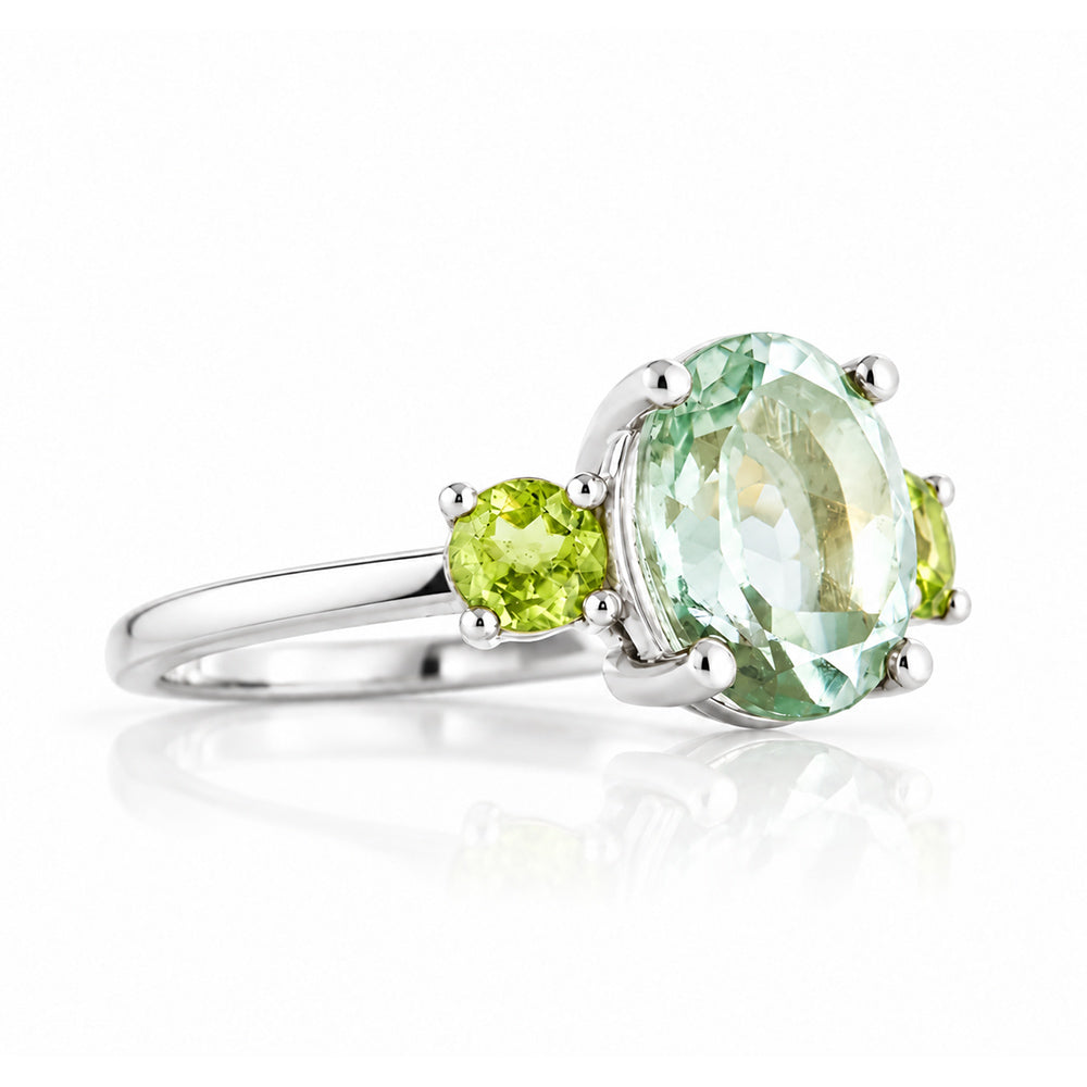 Hallie, an Oval cut Prasiolite and Peridot Trilogy Ring - Victoria's Jewellery