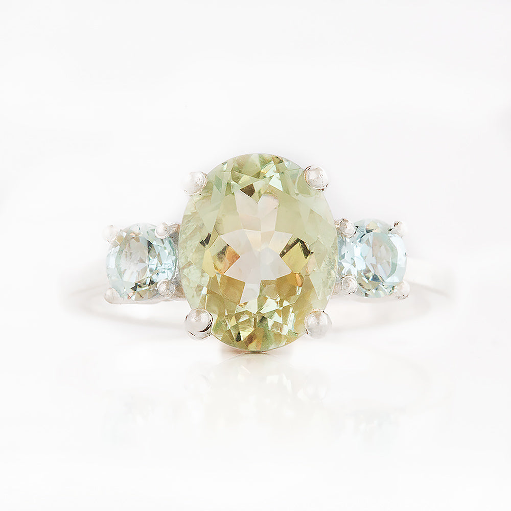 Oval cut Prasiolite and Sky Blue Topaz Trilogy Anniversary Ring - Victoria's Jewellery