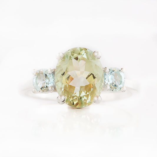Oval cut Prasiolite and Sky Blue Topaz Trilogy Anniversary Ring - Victoria's Jewellery