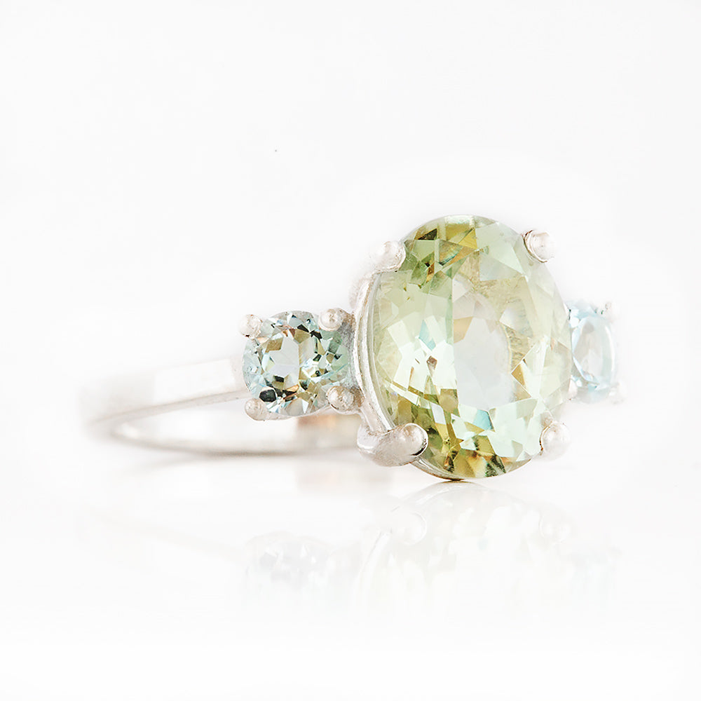 Oval cut Prasiolite and Sky Blue Topaz Trilogy Anniversary Ring - Victoria's Jewellery