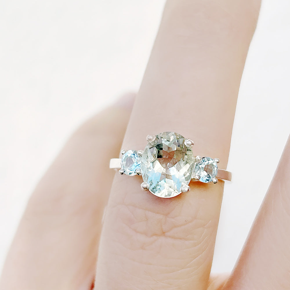 Oval cut Prasiolite and Sky Blue Topaz Trilogy Anniversary Ring - Victoria's Jewellery