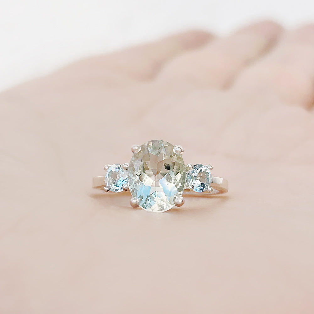 Oval cut Prasiolite and Sky Blue Topaz Trilogy Anniversary Ring - Victoria's Jewellery