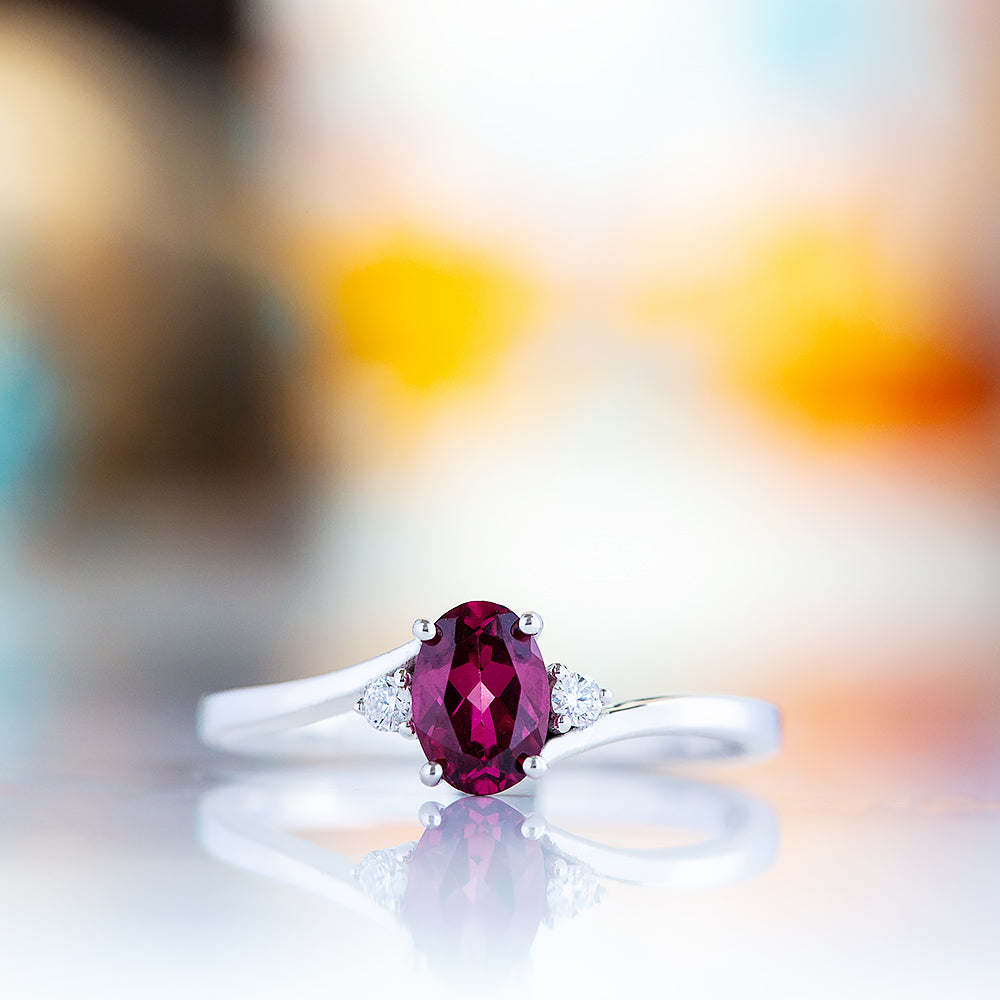 Georgie, a Rhodolite Garnet and Diamond Trilogy Ring - 8x6mm