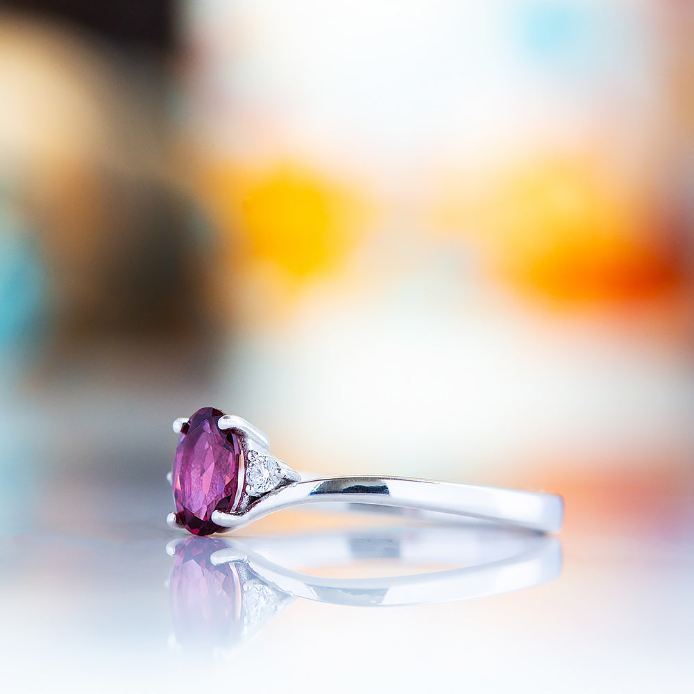 Georgie, a Rhodolite Garnet and Diamond Trilogy Ring