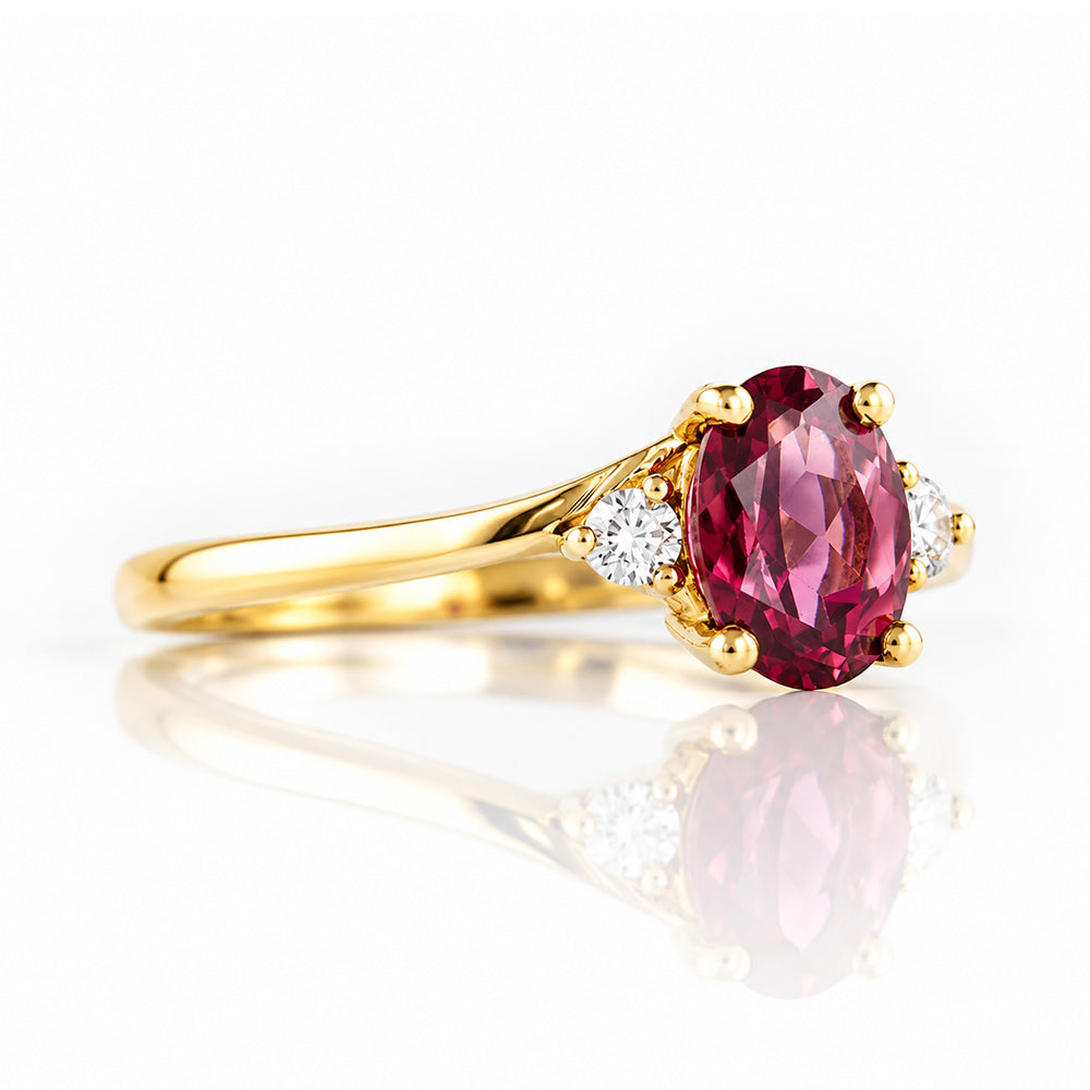 Georgie, a Rhodolite Garnet and Diamond Trilogy Ring - 8x6mm - Victoria's Jewellery