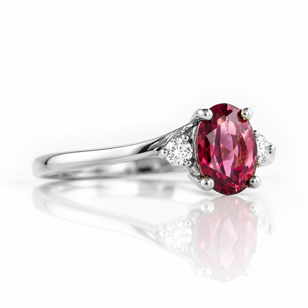 Georgie, a Rhodolite Garnet and Diamond Trilogy Ring - 8x6mm - Victoria's Jewellery