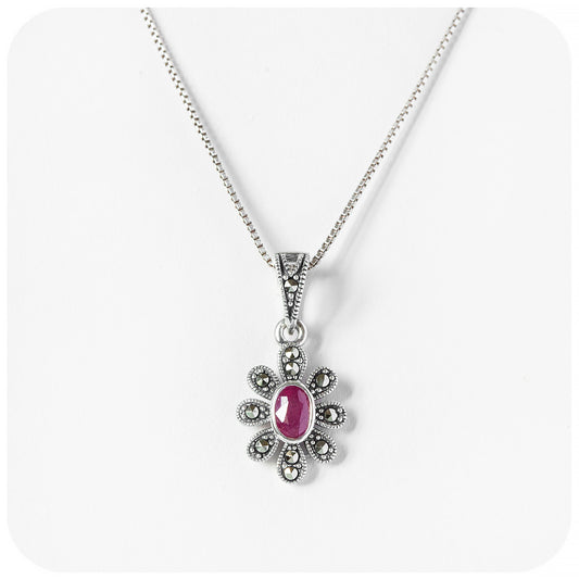 Oval cut Ruby and Marcasite Flower Pendant