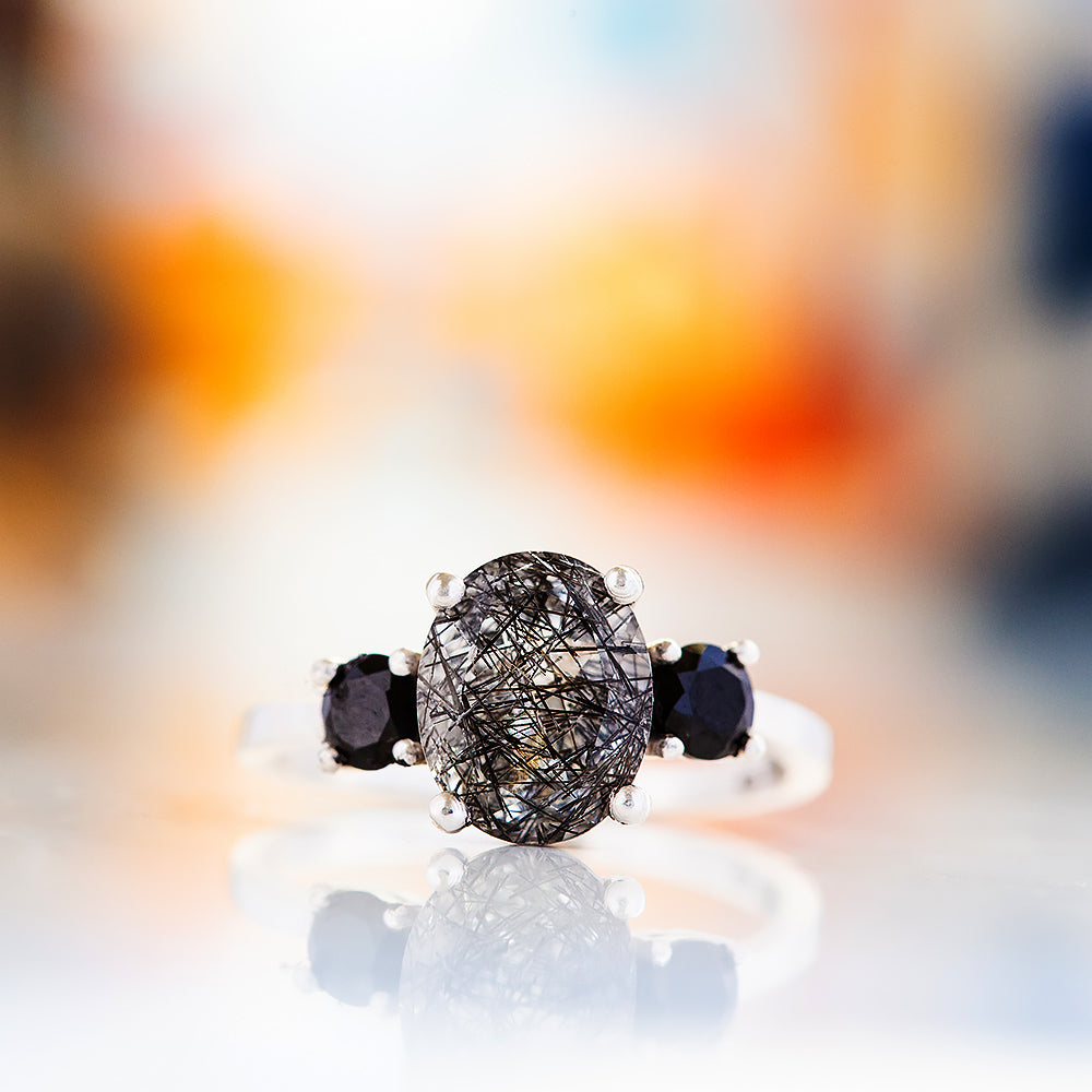 Hallie, a Black Rutile and Spinel Trilogy Ring
