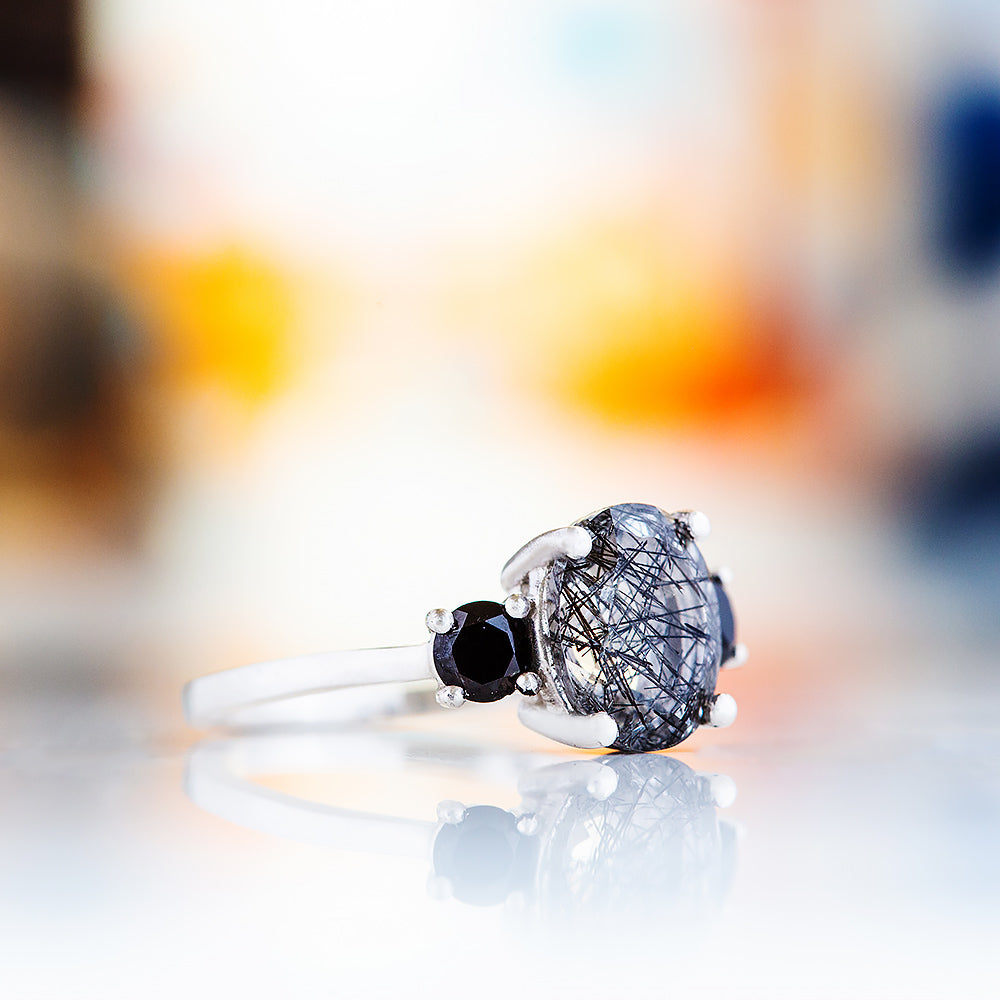 Hallie, a Black Rutile and Spinel Trilogy Ring