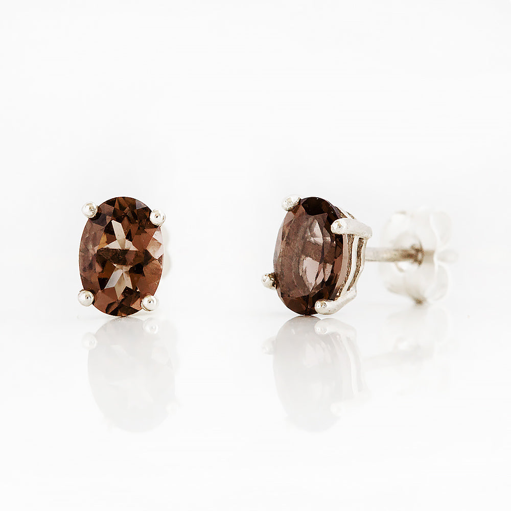Luna, Oval cut Smoky Quartz Stud Earring - 7x5mm