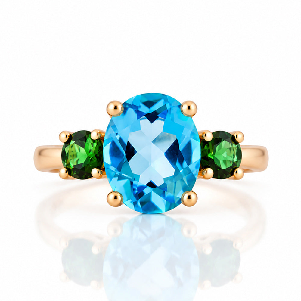 Hallie, a Topaz and Green Tourmaline Oval Trilogy Ring - Victoria's Jewellery